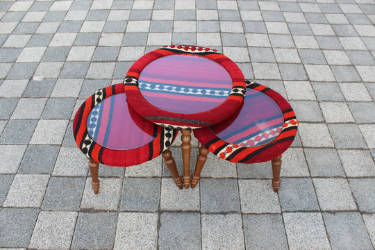 Round Design, Vintage Glass Coffee Table, Triple Kilim Wood Handmade Farmhouse Decor, Living Room Us