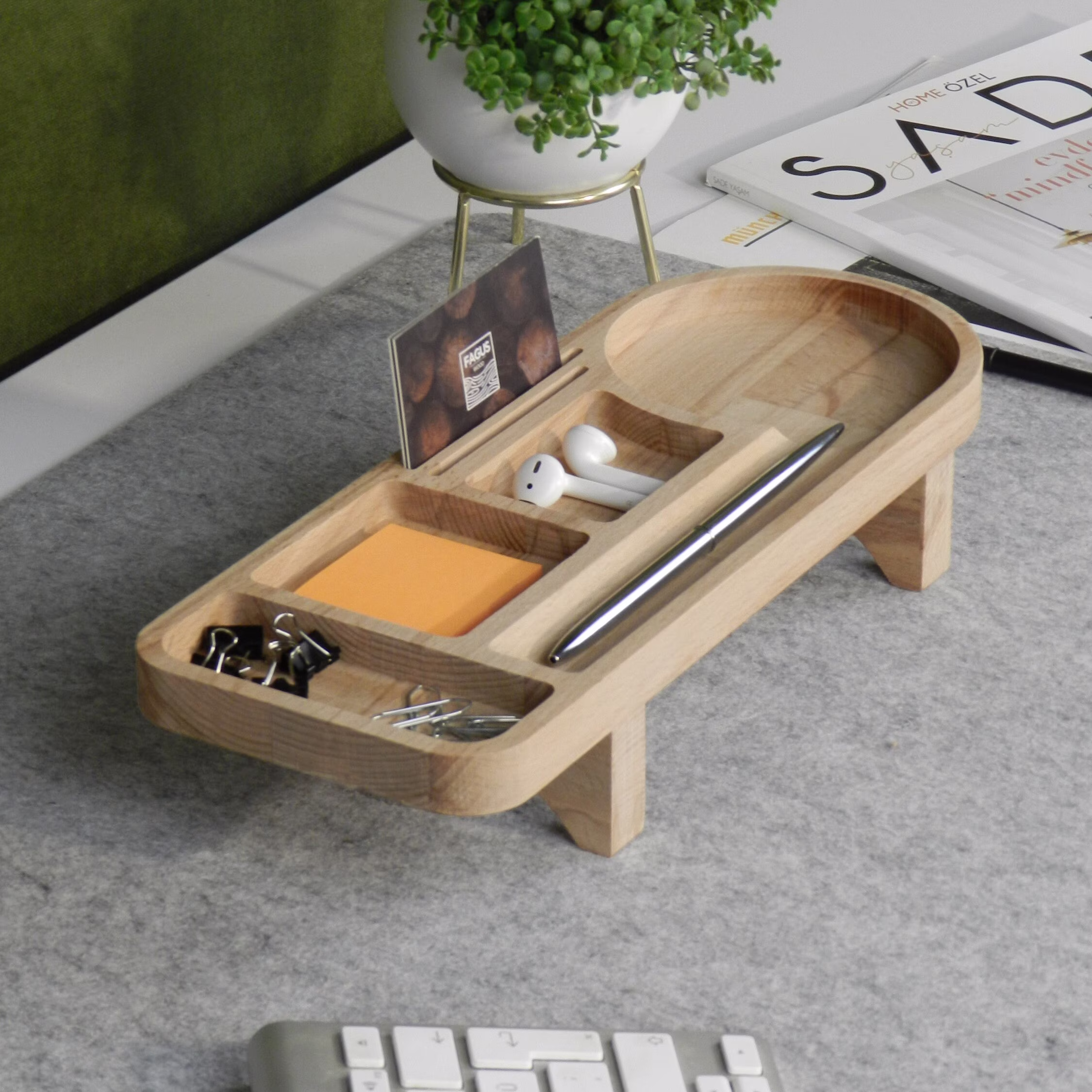 Wood Desk Organizer, Modern Table Accessories, Phone, Pencil, Business Card Holder, Design Wooden Storage