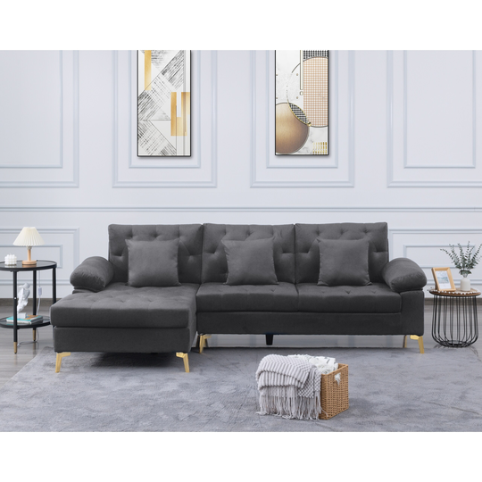 L-Shaped Sectional Sofa Velvet 96.5" Left hand facing Sofa & Chaise in Gray