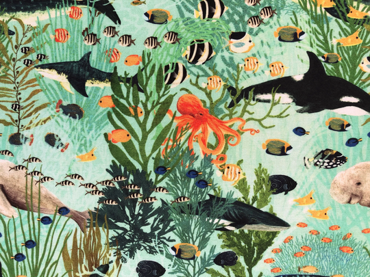 Sea Families Green Quilting Cotton Fabric By 1/2 Yard Or Fat Quarter, Whale Shark Octopus Tropical Fish Seaweed Under The Sea