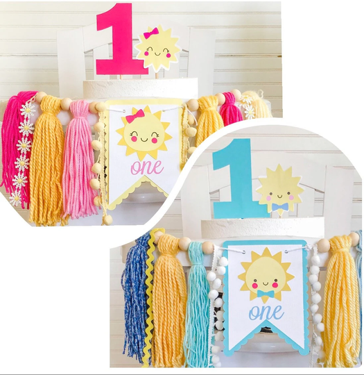 Twin Sun Sunshine Birthday High Chair Yarn Tassel Banner, Cake Smash Backdrop First Birthday, Topper