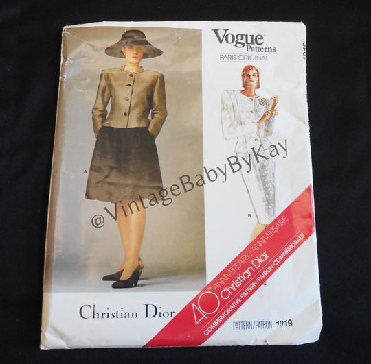Vogue Pattern 1919 Size 10 Christian Dior Designer Suit Adult Woman Princess Seam Jacket With Pencil Skirt & Flared Oop Vtg 80S, Uncut