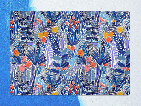 Blue Wildflower Chair Mat, Navy Vinyl Floor Orange Protective Plants Splat Pvc Office Room Rug, Kids Decor