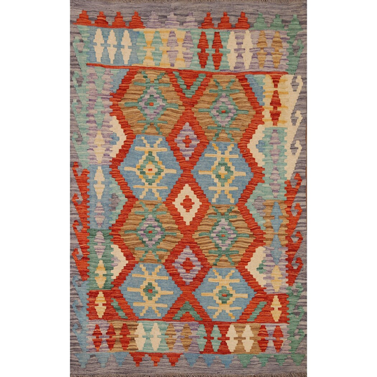Multi-Color Reversible Kilim Oriental Area Rug Flat-weave Wool Carpet - 3'3" x 4'10"