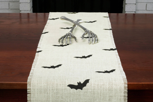 Halloween Burlap Table Runner, Black Bats Decor, Party