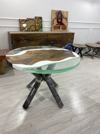 Round Dining Table, Custom 42" Diameter Walnut Wood White & Clear Epoxy Resin Order For Melanie