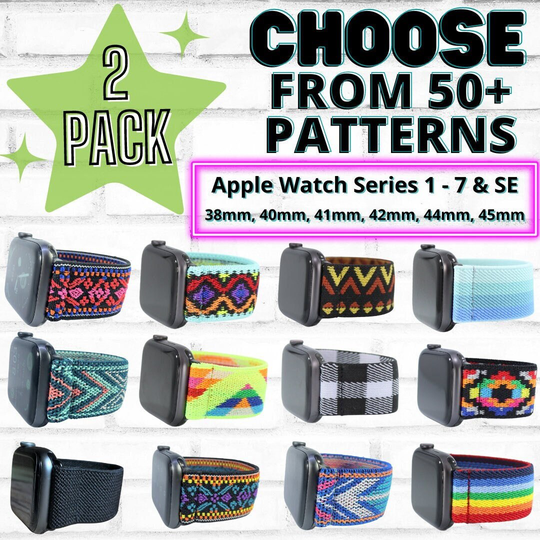 2 Pack - Elastic Watch Bands For Apple | All Series | 1 7 & Se 38mm 40mm 41mm 42mm 44mm 45mm Choose Your Patterns 50+ Colors