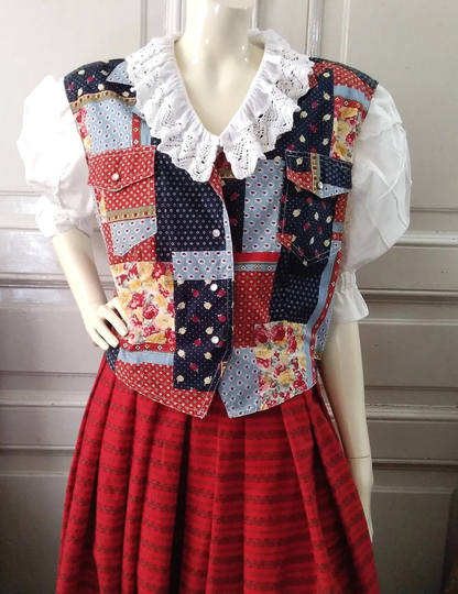 80S Patchwork Print Vest Colorful Pop-Art Gilet V-Neck Multi-Colored Cotton Summer Floral Boxy 42 Size