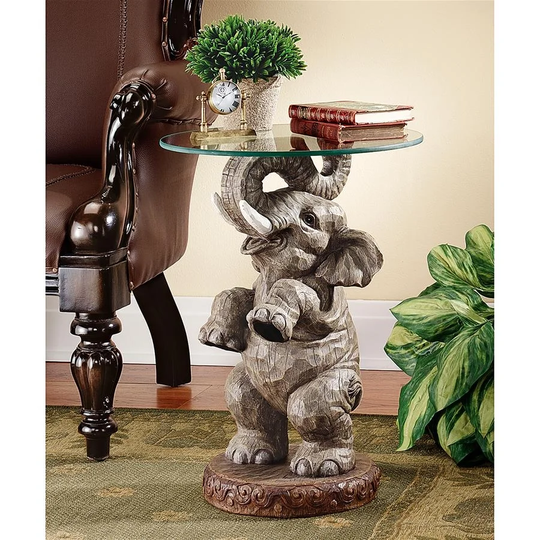 Design Toscano Good Fortune Elephant Sculpture Glass-Topped Table - 16 x 16 x 21.5