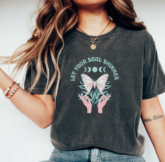 Comfort Colors Boho Shirt, Let Your Soul Shimmer Butterfly Comfy Oversized Celestial Lover Aesthetic Shirt