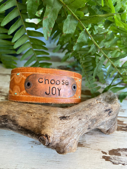 Leather Word Cuff-Choose Joy-Word Cuff-Tooled Leather-Touch Of Turquoise-xl