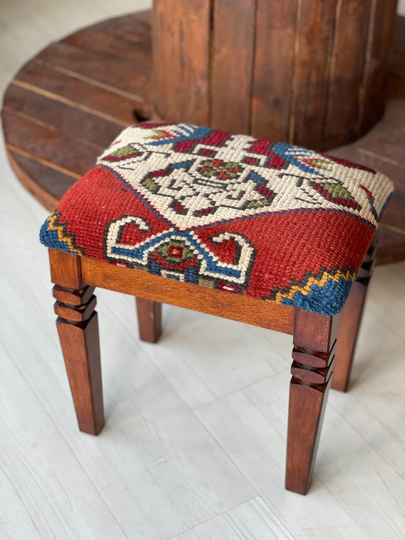 Vintage Carpet Ottoman Stool, Foot Rest, Beech Wood Furniture, Chair, Vinatage Chair