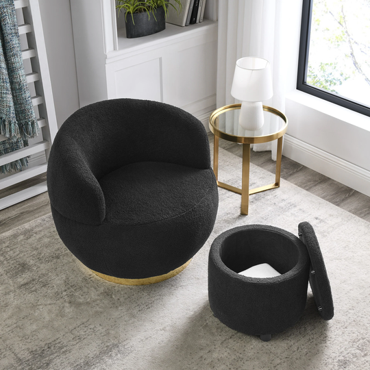 Modern Barrel Chair 360-degree Swivel Chair Teddy Fabric Accent Chairs with Storage Ottoman