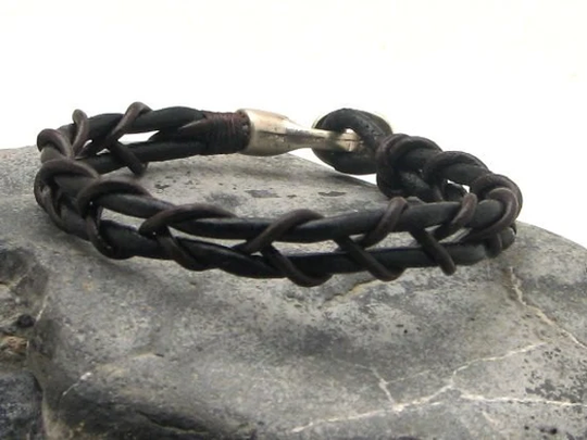 Valentines Gift For Him, Men's Leather Bracelet, Black Braided Bangle Bracelet With Silver Plated Clasp. Gift Bpyfriend
