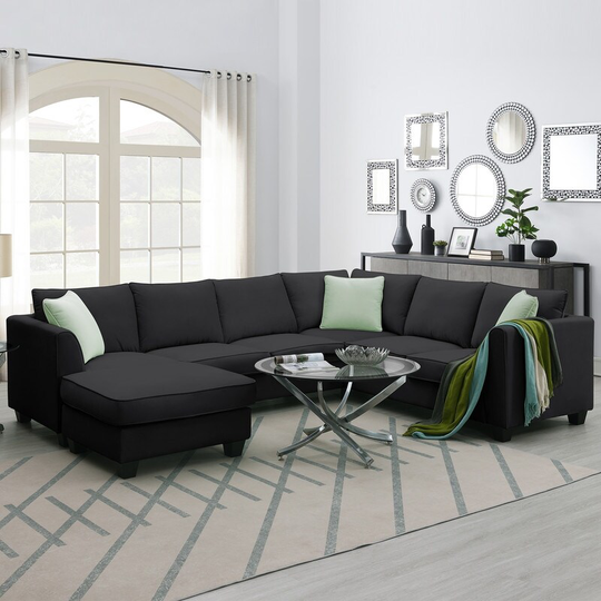 7 Seats Sectional Sofa with Ottoman, L Shape Fabric Corner Sofa