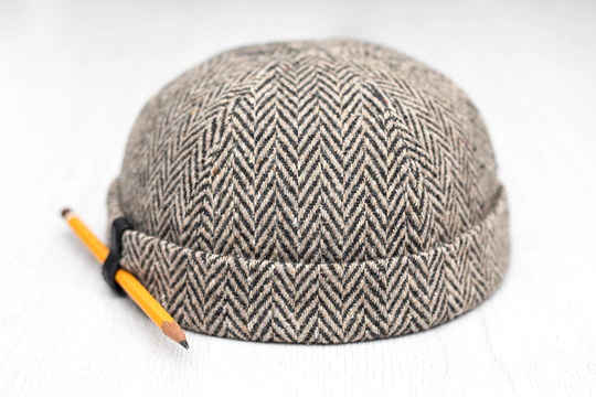 Handmade Docker Hat With Pencil Holder. Vintage Pattern Beanie. Brimless, Unisex Hat. Artistic Round Limited Edition. Herringbone Wool