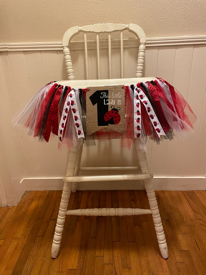 Ladybug Tulle Fabric Ribbon High Chair Garland, Lady Bug Birthday Banner, First Party Decor, Keepsake Party Decor
