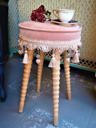 Turkish Pink Velvet Fabric Wooden Leg Decorative Pouffe & 4545 Pillowcase -Ottoman Chair-Turkish Pouffe-Moraccan Pouf