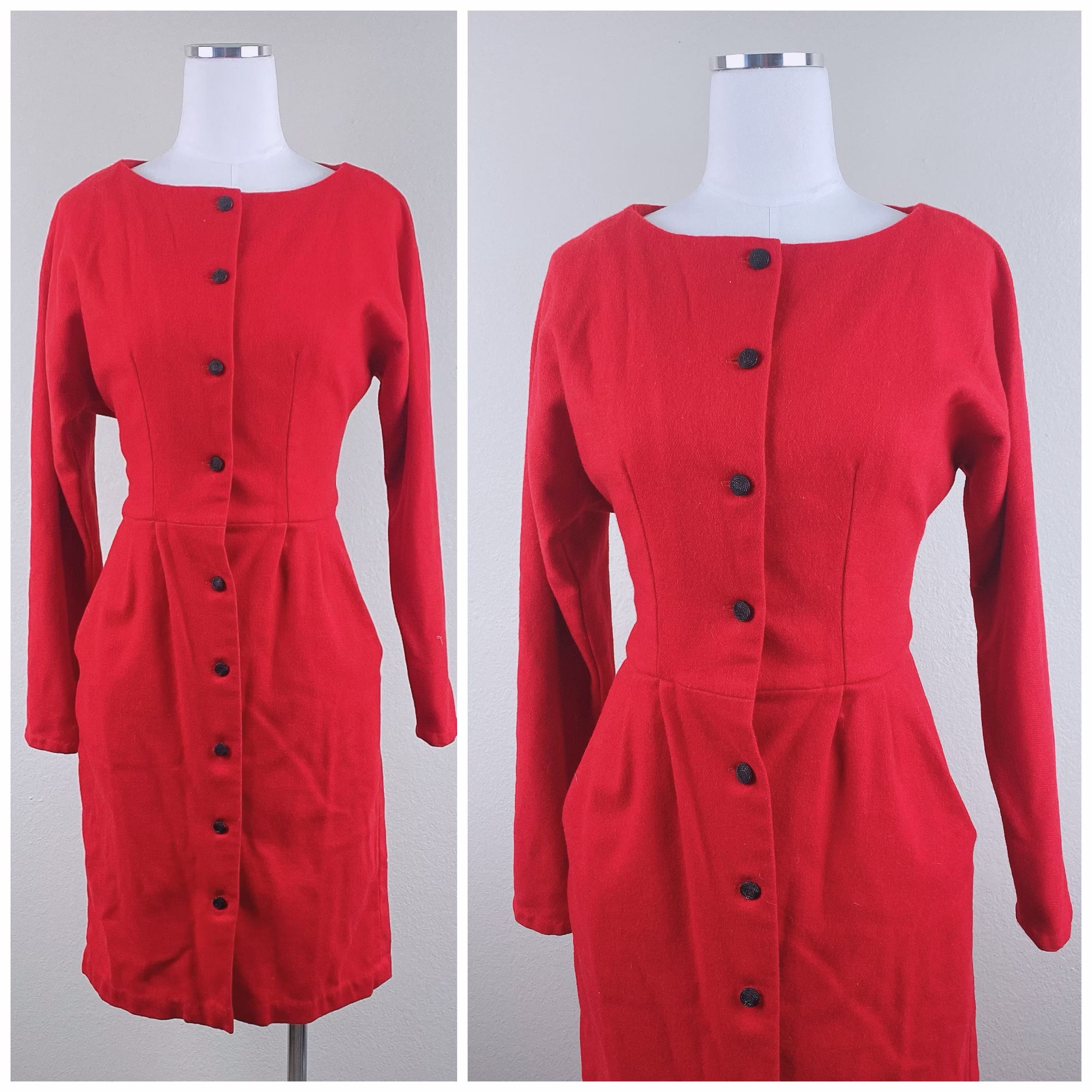 1960S Vintage Red Wool Wiggle Dress/60S Sixties Rockabilly Long Sleeve Knit Pencil Size Medium