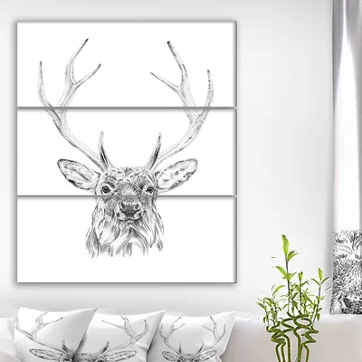 'Pencil Deer Sketch in Black and White' Drawing Print Multi-Piece Image on Canvas