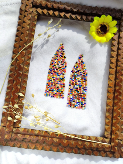 Colorful Confetti Beaded Earrings Multicolor Seed Bead Fringe Candy Long Boho Funky Dangle