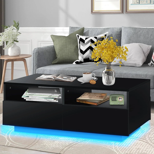 High Gloss LED Coffee Table Modern Black Coffee Table with Storage Drawer, 35.4 x 22 x 13.8 Inches