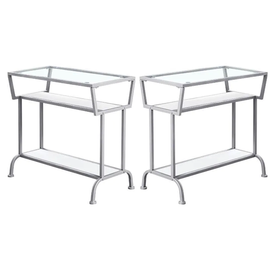 12" Glass Top Accent End Table in White and Silver - Set of 2 - 54 x 84