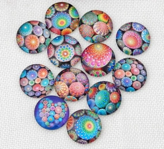 12mm Round Colorful Sea Urchin Shells Glass Cabochon Lot, Flat Back, Set Of 10 Or 50, Mixed Lot For Jewelry Making, Bright Rainbow Mandala
