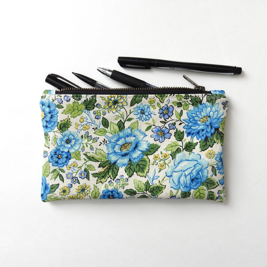 1950S Blue Floral Pencil Case, Medium Zipper Pouch, Vintage Canvas Fabric