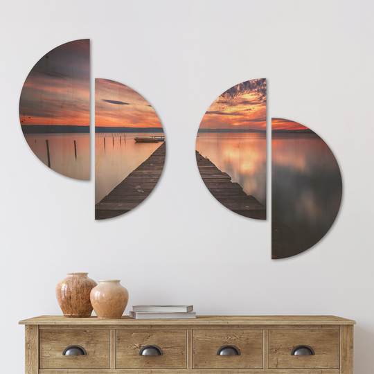 Designart 'Colorful Sunset Over Lake' Landscape Wood Wall Art Set of 4 Half Circles - Multi-Color