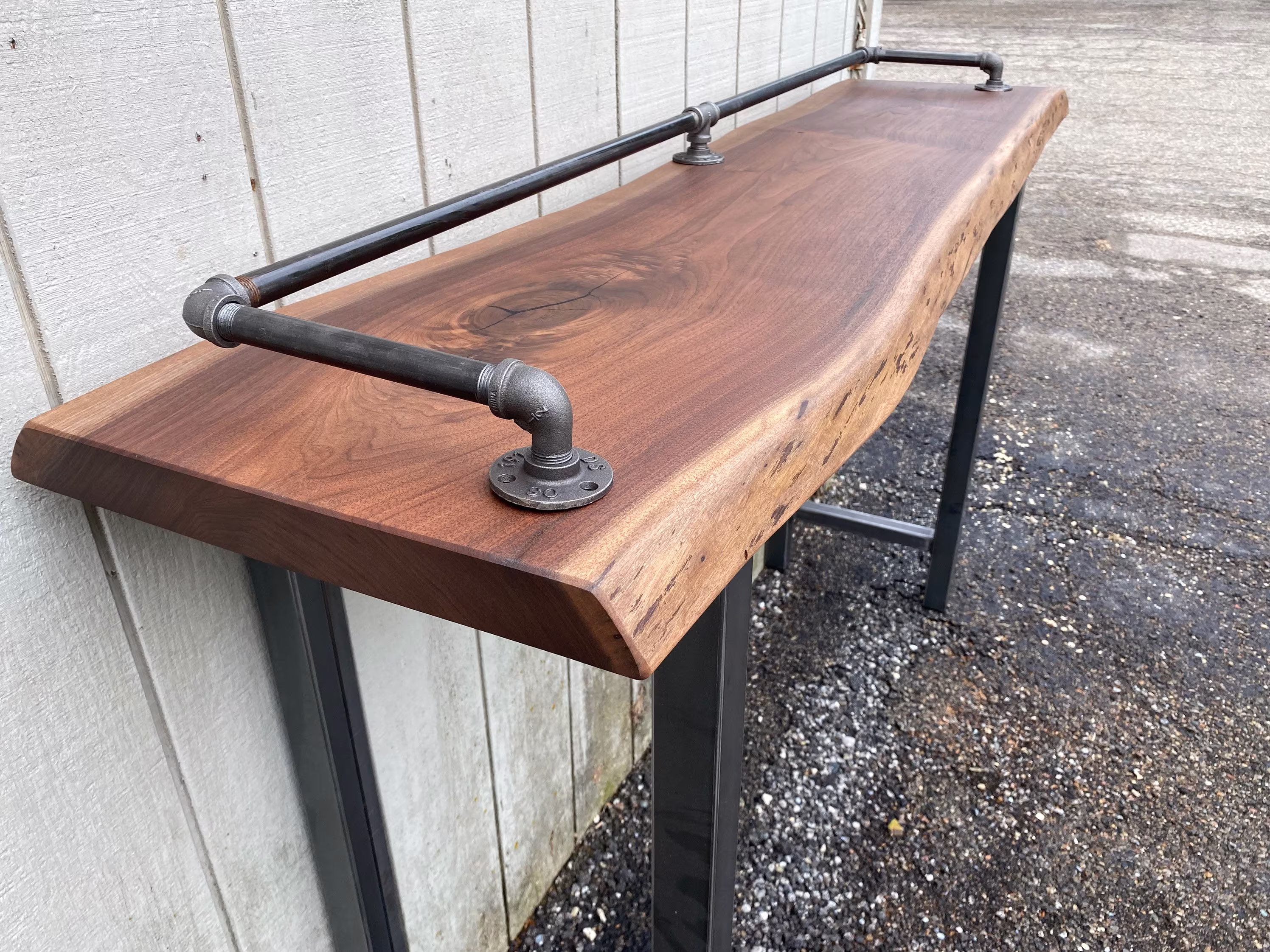 Narrow Walnut Table, Sofa Bar Behind Couch Trapezoid Legs, Reclaimed Wood Living Edge Table