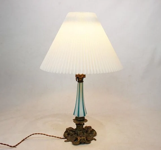 French Table Lamp Of Bronze & Opaline Glass From Around The Year 1910