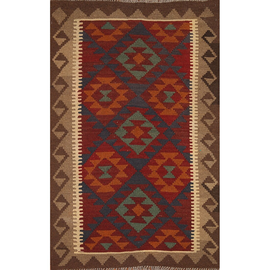 Multi-Color Geometric Kilim Rug Hand-woven Reversible Wool Carpet - 3'2" x 5'0"
