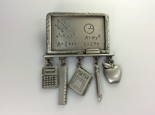 Vintage Jj Pin Brooch Pewter Toned Teacher Theme Blackboard Apple Ruler Calculator & Pencil Used