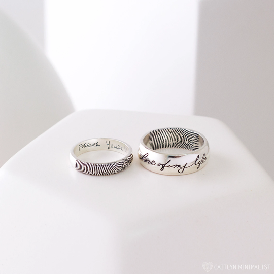 Wedding Band Set Of 2 Rings Fingerprint Jewelry Personalized Gift Anniversary Rm29C