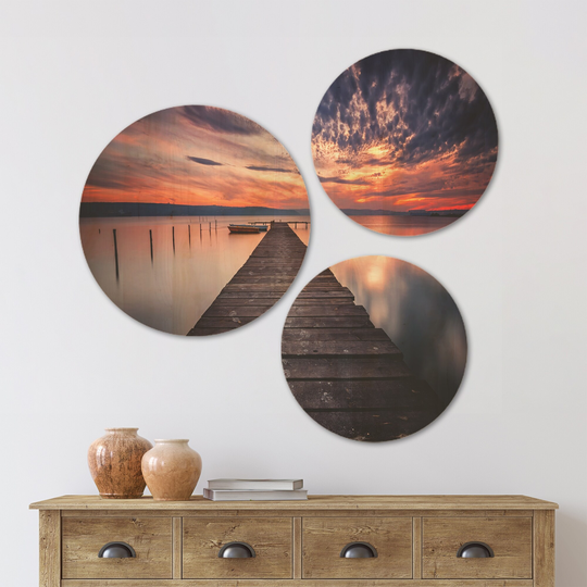 Designart 'Colorful Sunset Over Lake' Landscape Wood Wall Art Set of 3 Circles - Multi-Color