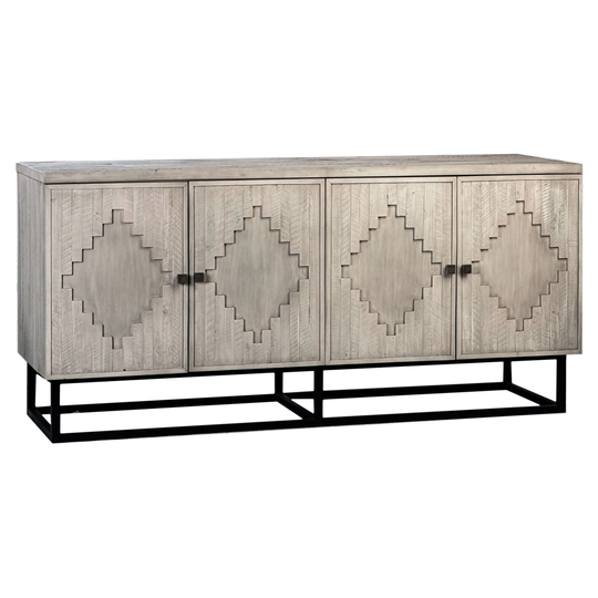 Elena 68-inch Light Grey Wash Acacia and Matte Black Iron Hand Carved 4-Door Sideboard