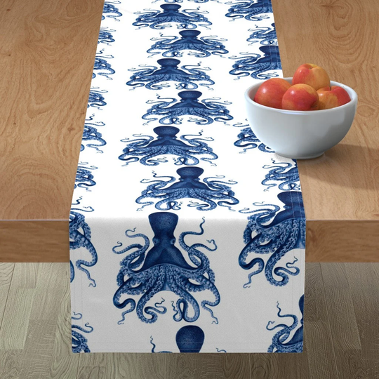 Vintage Octopus Table Runner - Navy By Karolina Papiez Steampunk Kraken Nautical Coastal Cotton Sateen Spoonflower