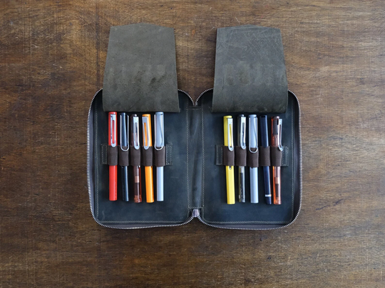 Genuine Leather Handmade 10-Slot Pen Case, Zippered Pencil Pouch, Fountain Dark Green