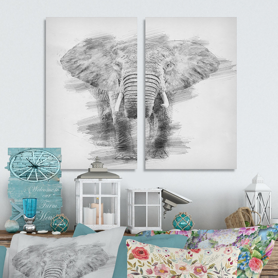 Designart 'Black and White Elephant Pencil ketch' Animals Canvas Wall Art Print 2 Piece Set