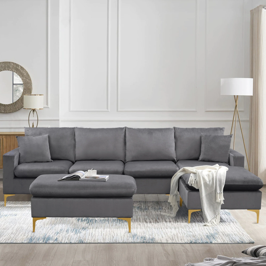 Oaks Aura L-Shape Velvet Upholstered Sectional Sofa Couch with Ottoman and 2 Pillows for Living Room