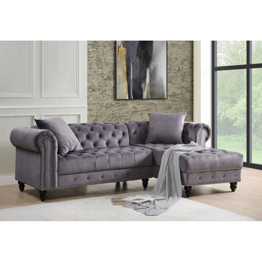 Sectional Sofa w/2 Pillows in Red/Grey Velvet,Traditional Style