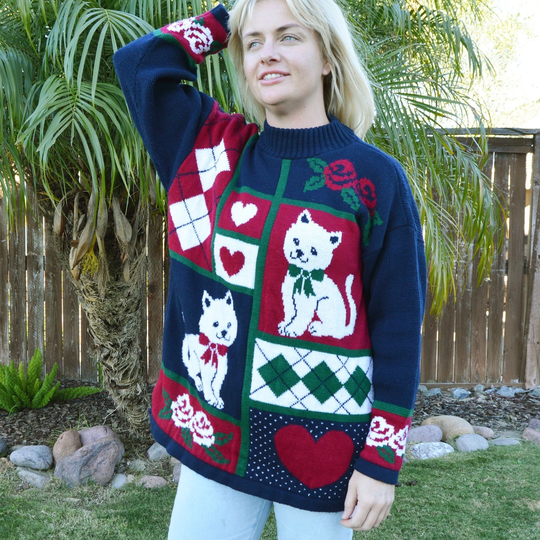 Cute Christmas Dog Sweater Holiday Cat Or Lover With Hearts & Bows Kitschy Navy Blue Red Green Plus Size Large Xl