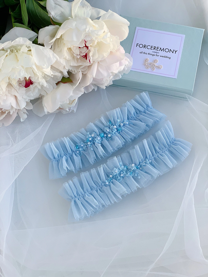 Blue Tulle Wedding Garter With Pearls & Sequins, Wide Fancy Ruffled For Bride, Simple Stretchy Thigh Bridal Garter, Something Blue