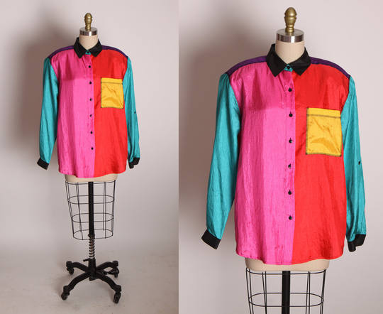 1980S Multi-Colored Color Block Long Sleeve Button Up Blouse By Laura & Jayne -M