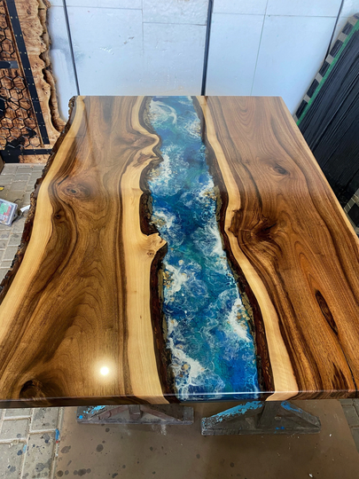 River Epoxy Dining Table, Resin Live Edge Table