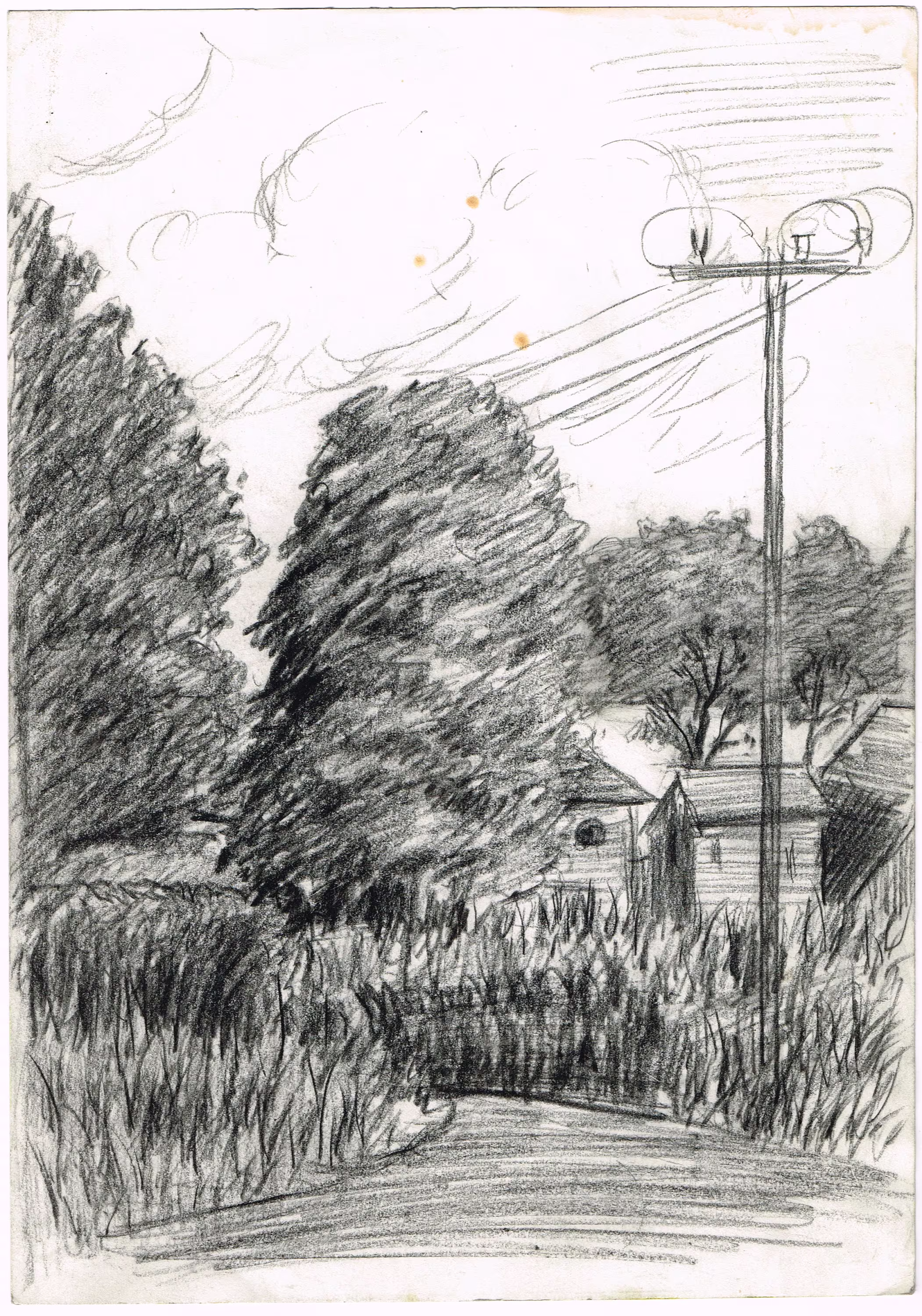 Antique Vintage Original 1950S, Soft Pencil Sketch Drawing Of A Cottages, Trees, Telegraph Pole By F Cooke