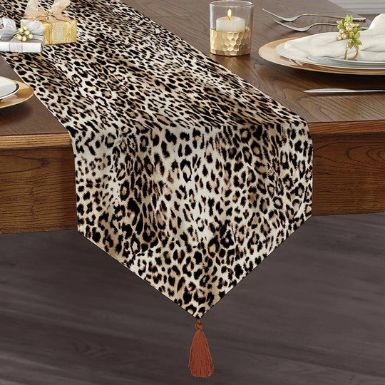 Leopard Pattern Table Runner|Tasseled Chenille Runner|Triangle Runner|Decorative Tablecloth|Home Kitchen Decor|Printed Runners