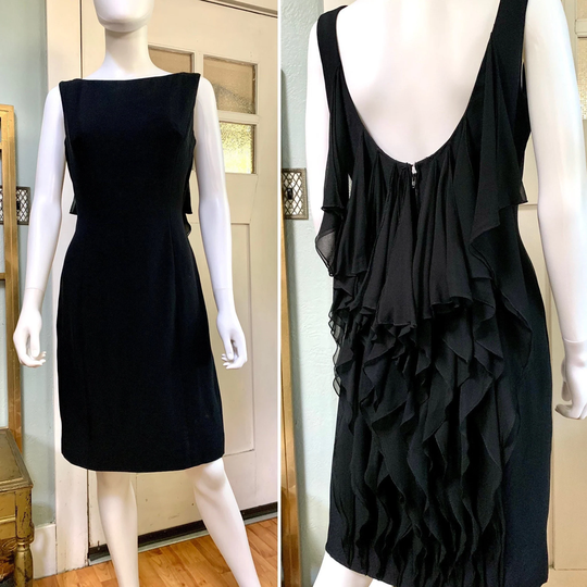 Vintage 50S 60S Small Black Scoop Back Pencil Dress