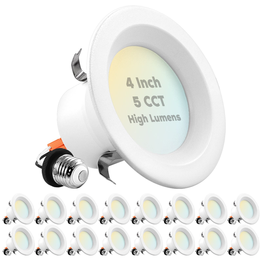 Luxrite 16-Pack 4" LED Recessed Lights, 14W=75W, 5 Color Options, 950 Lumens, Dimmable, Wet Rated, ETL Listed
